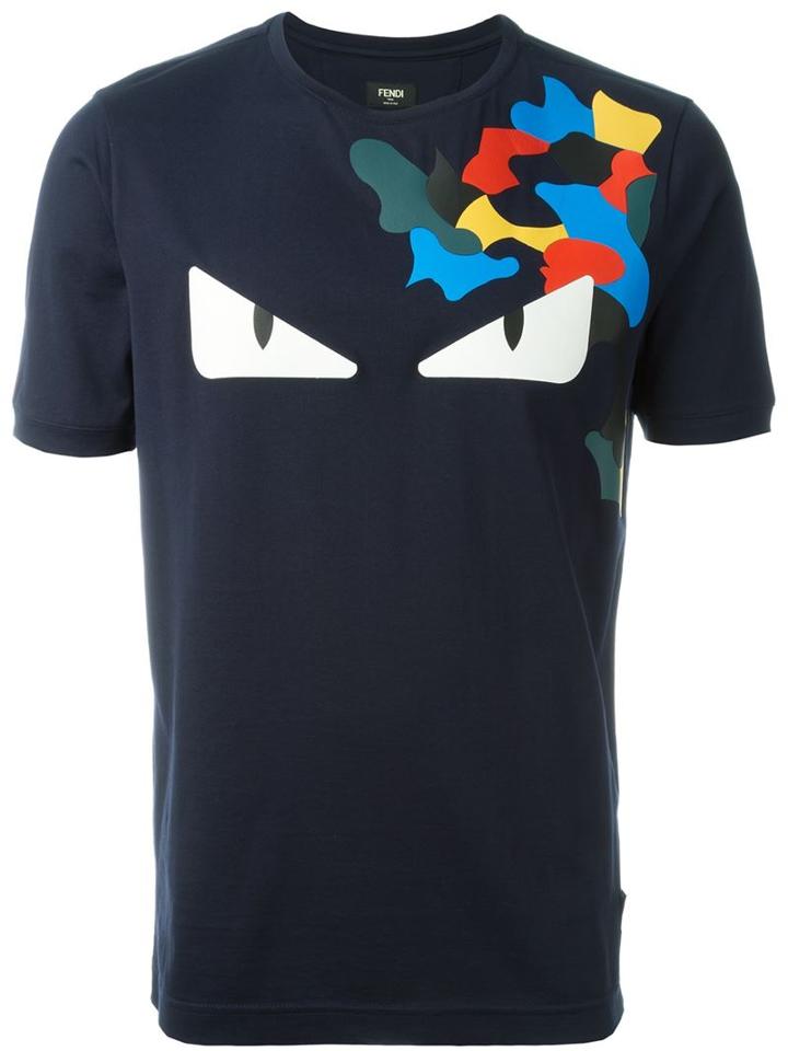 Fendi Bag Bugs T-shirt, Men's, Size: 46, Blue, Cotton/lamb Skin