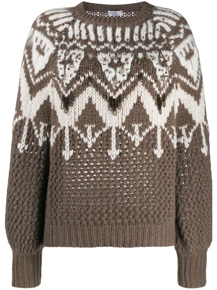 Brunello Cucinelli Embellished Chunky Knit Sweater - Brown