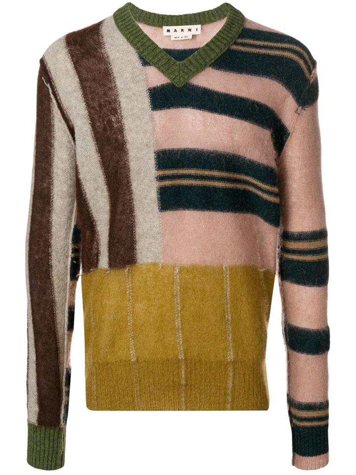 Marni Patched Stripe V-neck Sweater - Nude & Neutrals