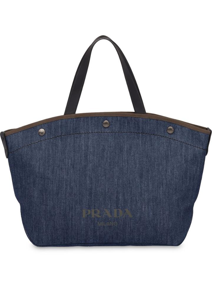 Prada Large Denim And Leather Tote Bag - Blue