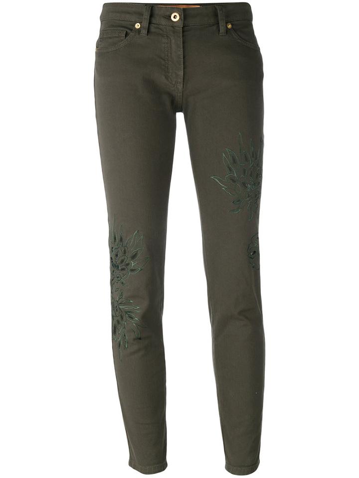 Blumarine Leaf Patch Skinny Trousers, Women's, Size: 48, Green, Cotton/spandex/elastane