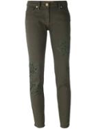 Blumarine Leaf Patch Skinny Trousers, Women's, Size: 48, Green, Cotton/spandex/elastane