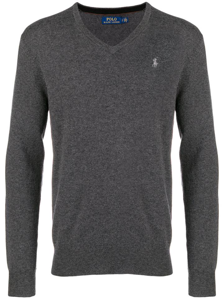 Polo Ralph Lauren Logo Embroidered V-neck Jumper - Grey