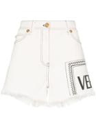 Versace Logo Print Raw Hem Denim Shorts - White