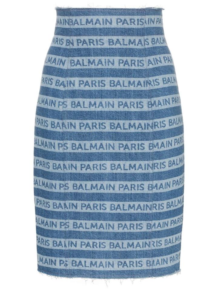 Balmain Denim Logo High-waisted Skirt - Blue