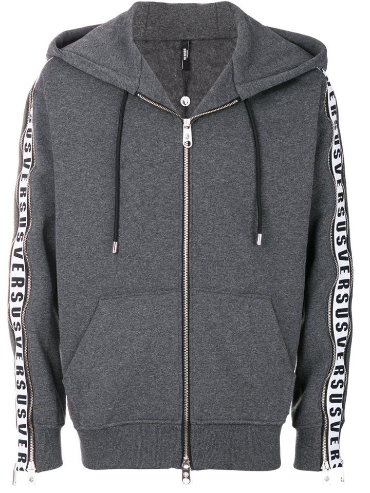 Versus Zipped Logo Panel Hoodie - Grey