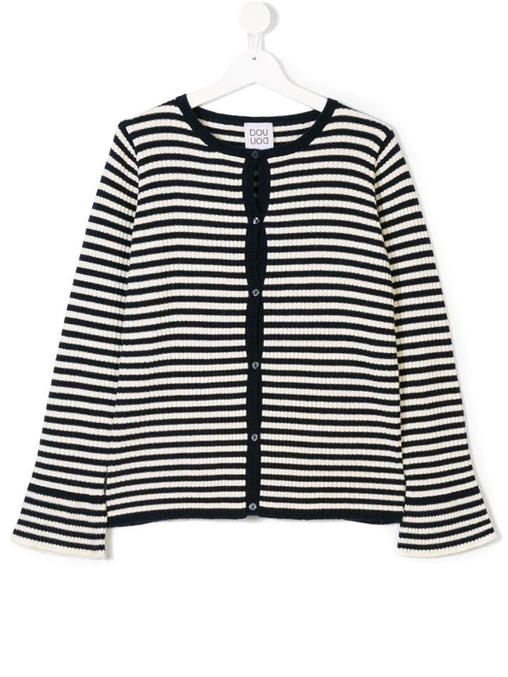 Douuod Kids Flared Sleeve Striped Cardigan - Blue
