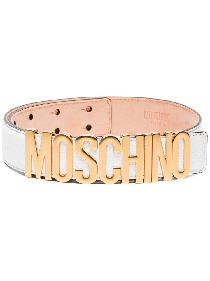 Moschino White Leather Belt With Gold Logo
