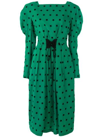 Push Button Star Print Dress - Green