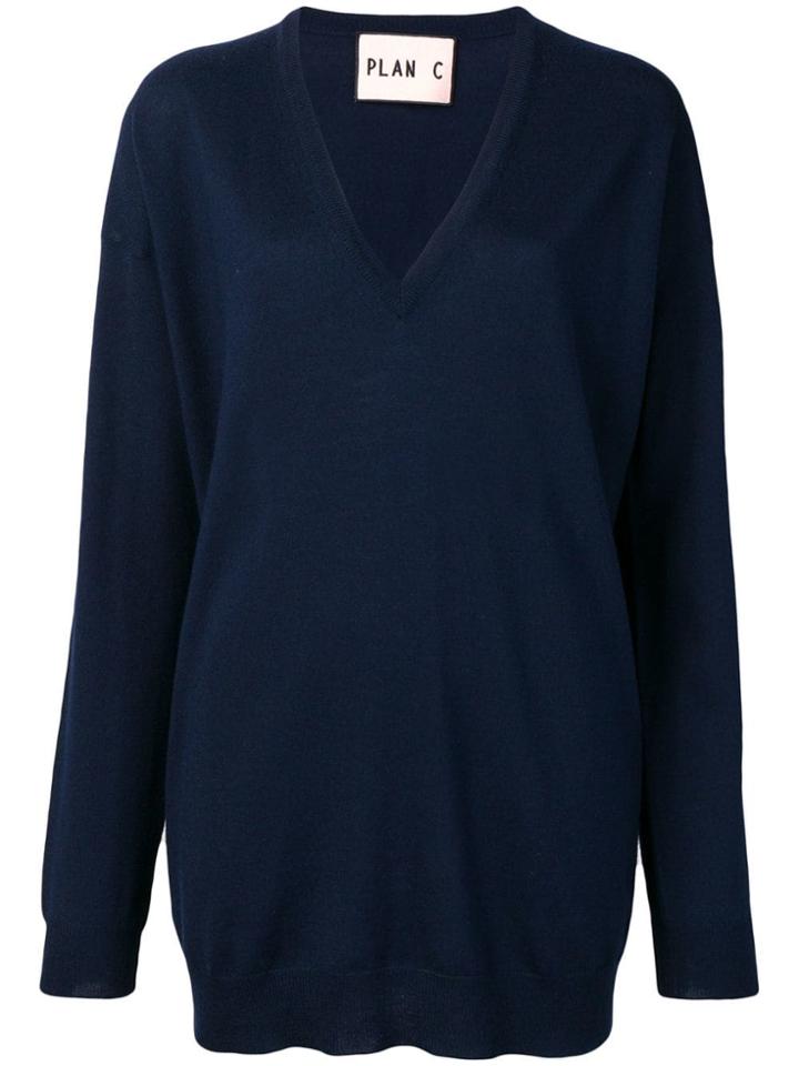 Plan C V-neck Longline Sweater - Blue
