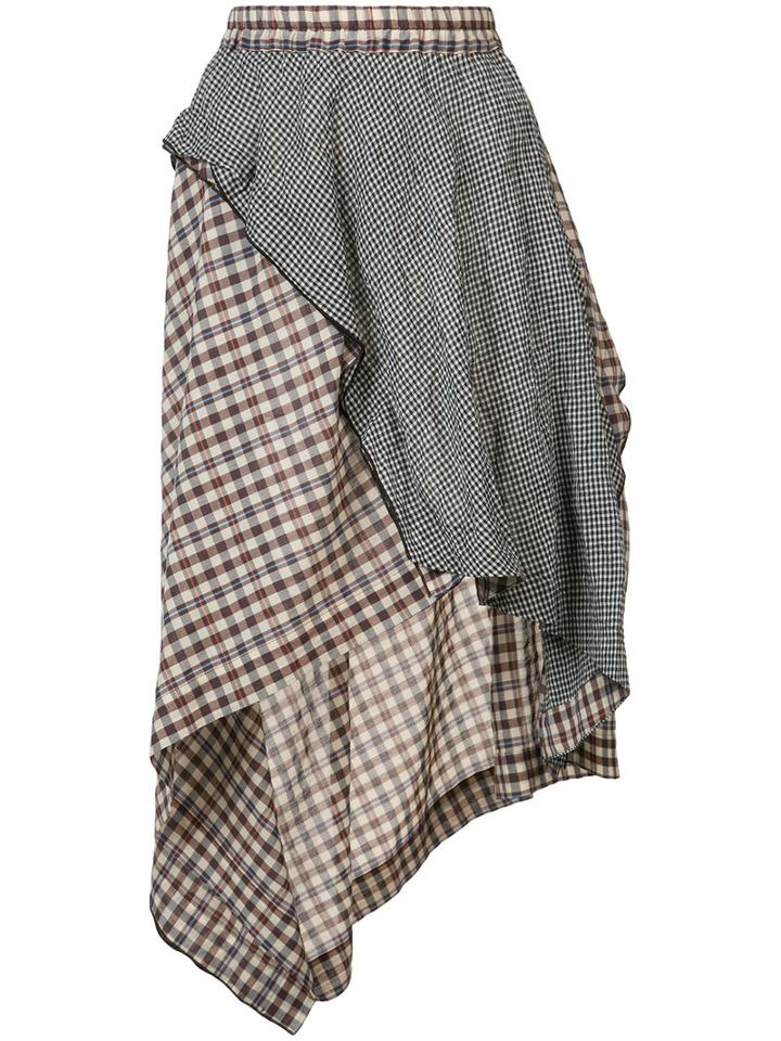 Hache - Asymmetric Plaid Skirt - Women - Silk/cotton - 42, Brown, Silk/cotton