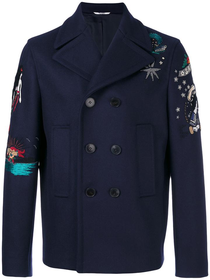 Valentino - Tattoo Embroidered Peacoat - Men - Cotton/polyester/cupro/wool - 48, Blue, Cotton/polyester/cupro/wool
