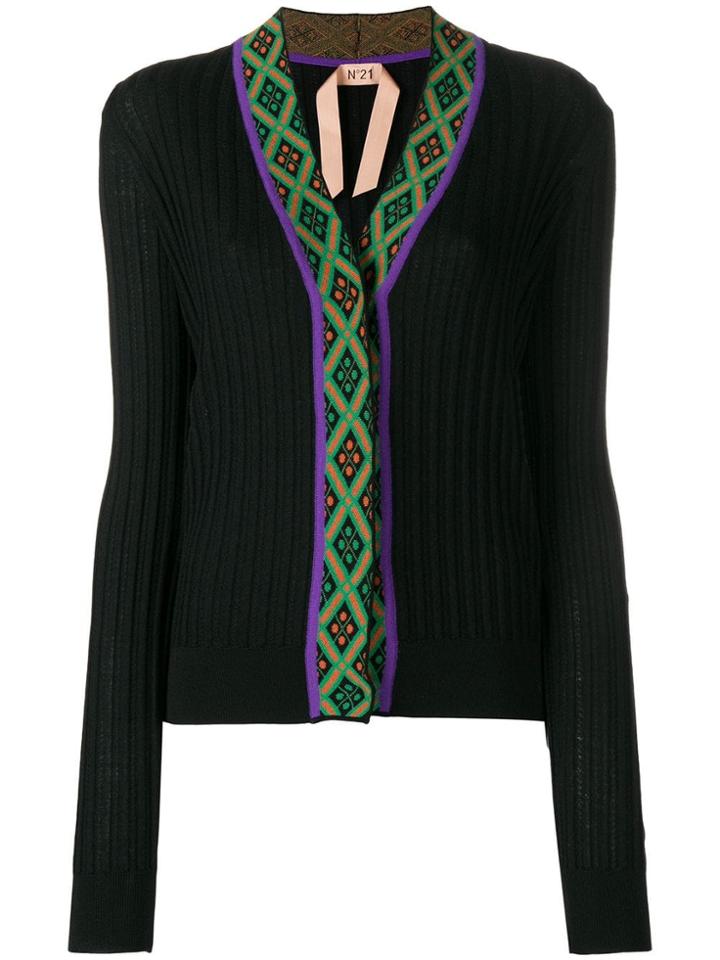 No21 Printed Trim Rib Knit Cardigan - Black