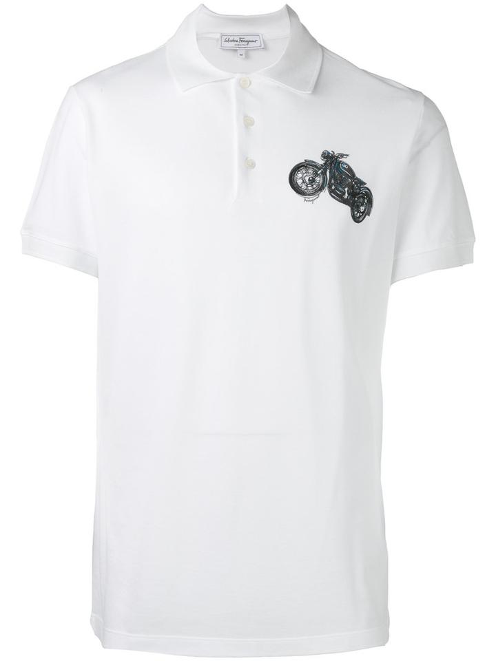 Salvatore Ferragamo Embroidered Motorcycle Polo Shirt, Men's, Size: Small, White, Cotton