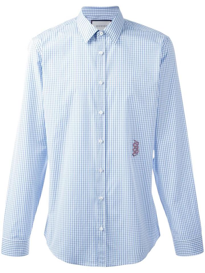 Gucci Snake Embroidered Gingham Shirt, Men's, Size: 43, Blue, Cotton