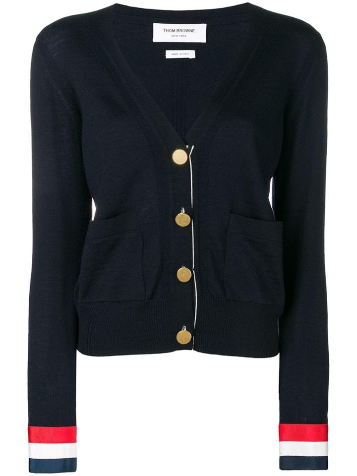 Thom Browne Grosgrain Cuff Wool Cardigan - Blue
