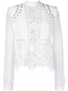 Self-portrait Lace Up Sleeve Blouse, Women's, Size: 10, White, Polyester