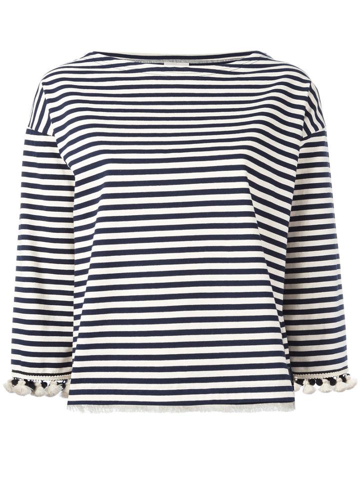 Moncler Pom Pom Fringed Trim Striped Top, Women's, Size: Small, Blue, Cotton