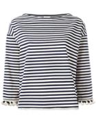 Moncler Pom Pom Fringed Trim Striped Top, Women's, Size: Small, Blue, Cotton