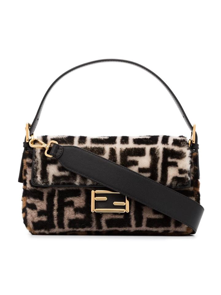Fendi Baguette Shearling Logo Bag - Brown