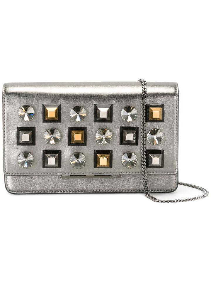 Fendi Studded Cross Body Bag, Women's, Grey, Leather/crystal/grey Diamond