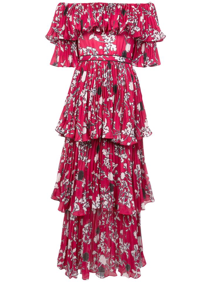 Self-portrait Off The Shoulder Pleated Dress - Red