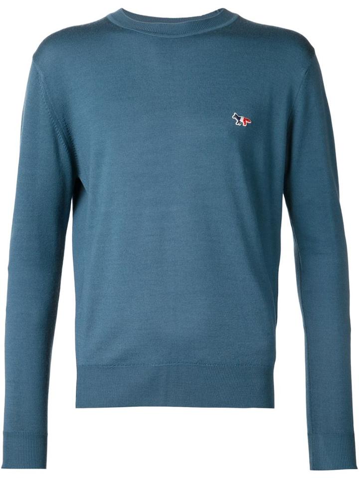 Maison Kitsuné Crew Neck Sweater, Men's, Size: Small, Blue, Virgin Wool