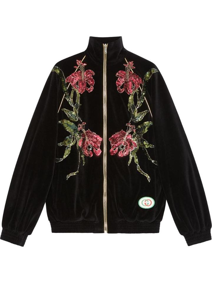 Gucci Chenille Jacket With Floral Patches - Black
