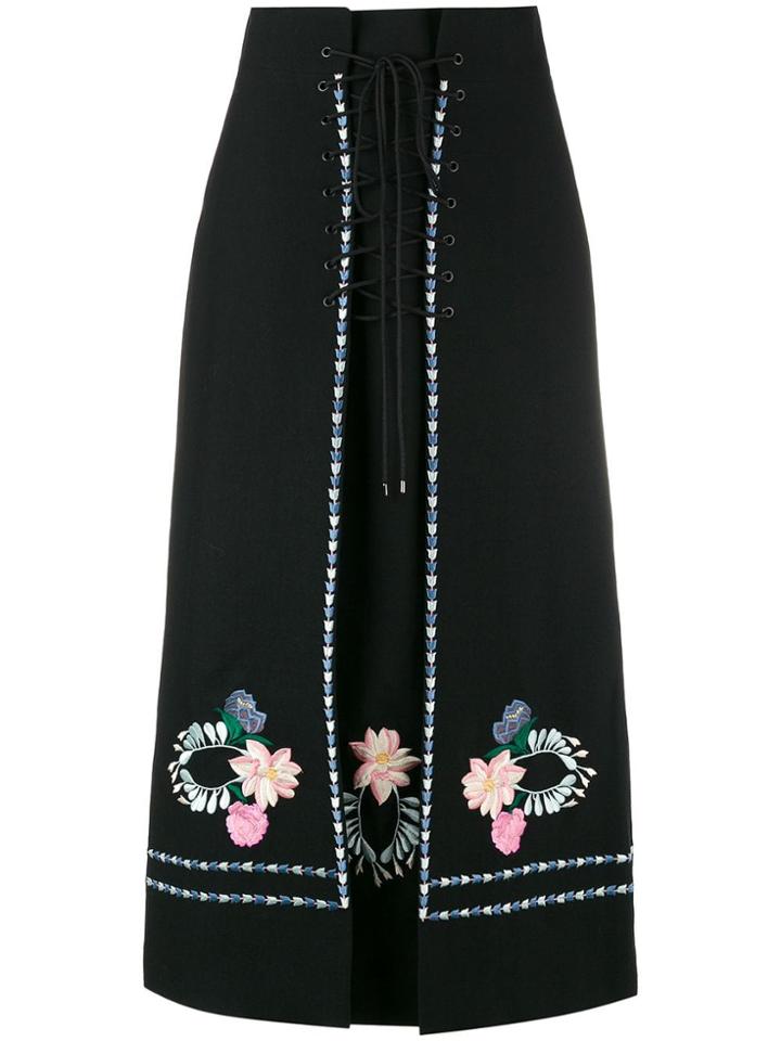 Vilshenko Ginny Floral Embroidered Lace-up Skirt - Black