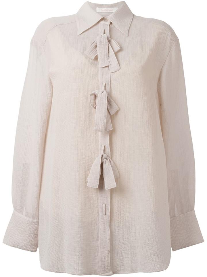 See By Chloé Bow Appliqué Sheer Shirt, Women's, Size: 44, Pink/purple, Polyester/acetate/viscose