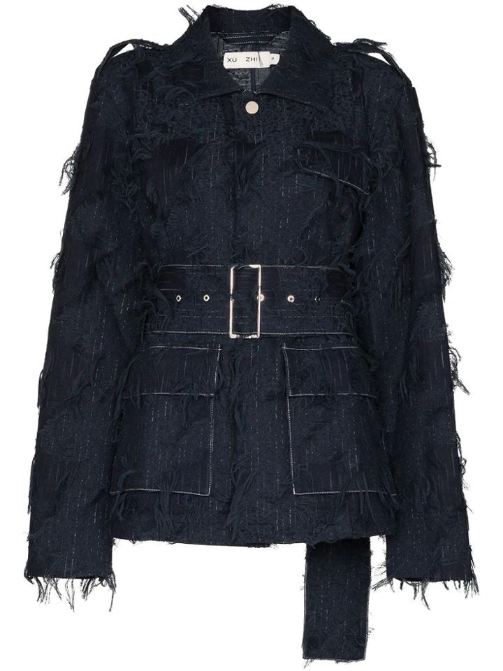 Xu Zhi Fringed Belted Denim Jacket - Blue