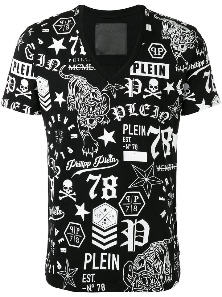 Philipp Plein Logo Print V-neck T-shirt, Men's, Size: Large, Black, Cotton
