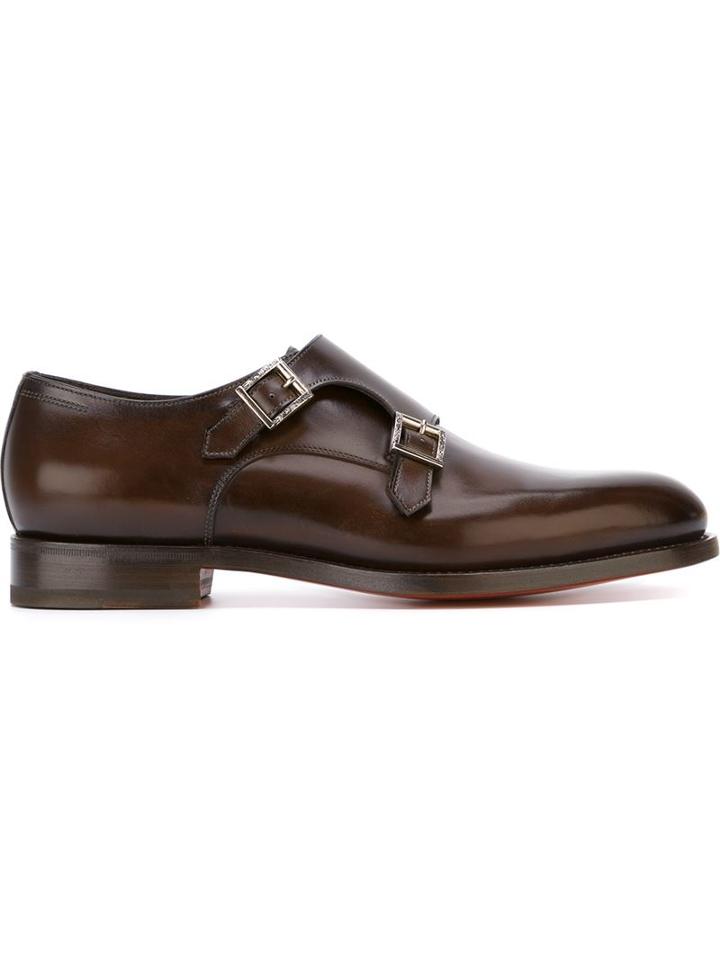 Santoni Monk Strap Shoes, Men's, Size: 7, Brown, Calf Leather/leather