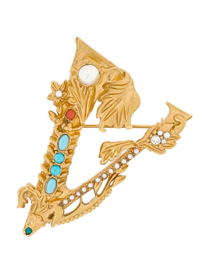 Versace Embellished V Brooch - Metallic