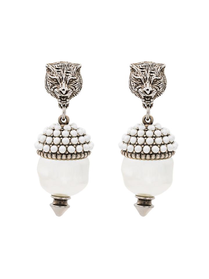 Gucci Feline Faux Pearl Earrings - Metallic