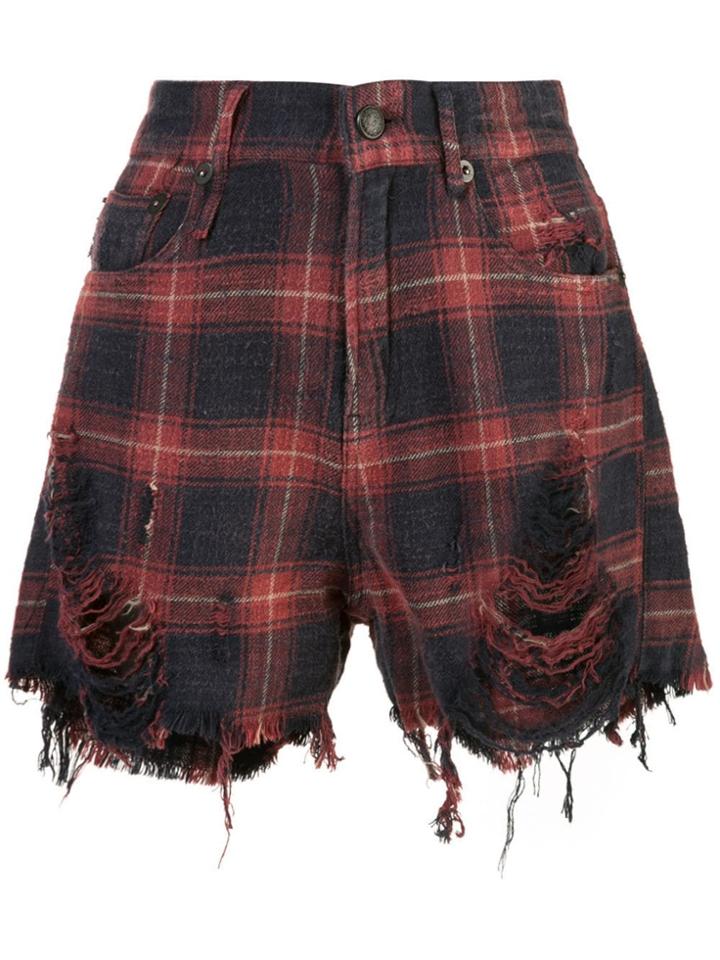 R13 Plaid Printed Ripped Shorts - Red