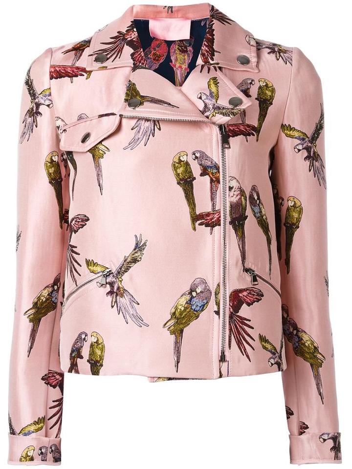 Giamba Parrot Print Biker Jacket, Women's, Size: 40, Pink/purple, Polyester/cupro