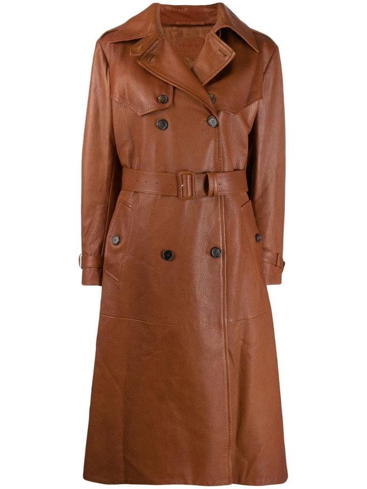 Prada Belted Leather Coat - Brown