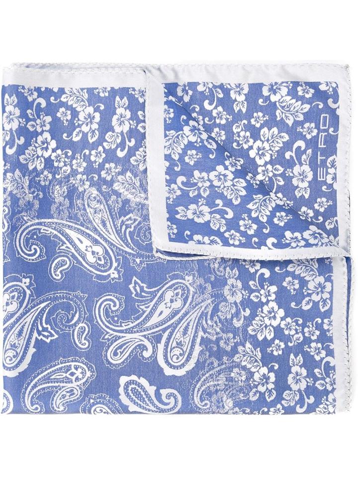 Etro Floral Print Pocket Square, Men's, Blue, Silk