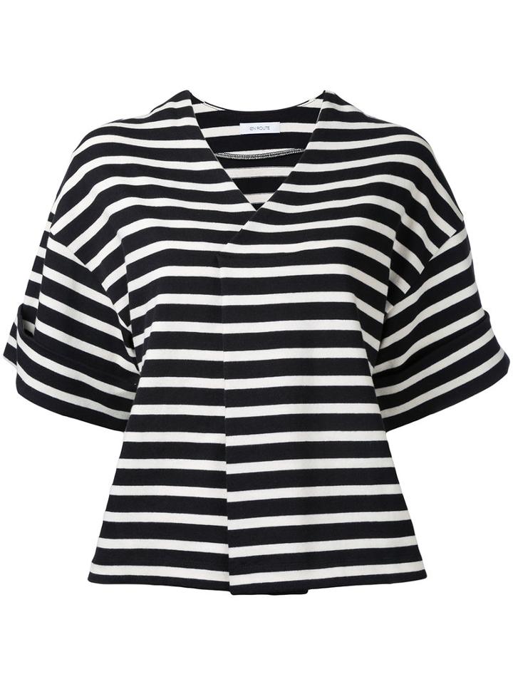 En Route - Striped V-neck T-shirt - Women - Cotton - One Size, Black, Cotton