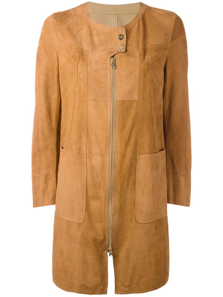 Sylvie Schimmel Patchwork Coat With Zip And Press Stud Fastening, Women's, Size: 40, Brown, Goat Suede