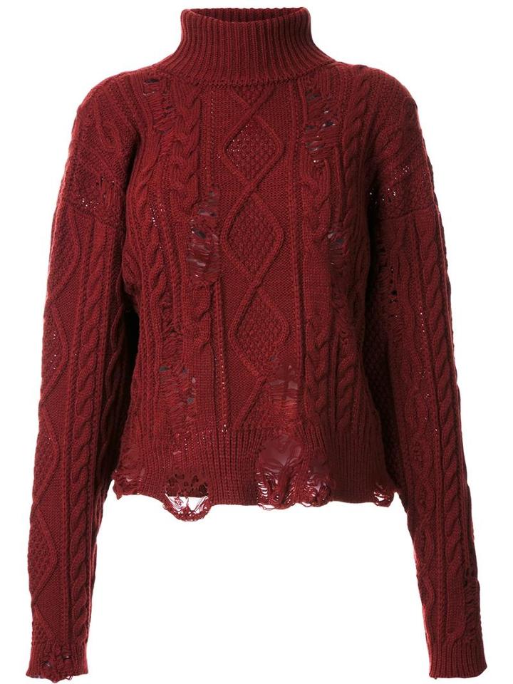 Miharayasuhiro Distressed Cable Knit Jumper, Women's, Size: 38, Red, Acrylic/wool