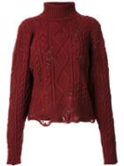 Miharayasuhiro Distressed Cable Knit Jumper, Women's, Size: 38, Red, Acrylic/wool
