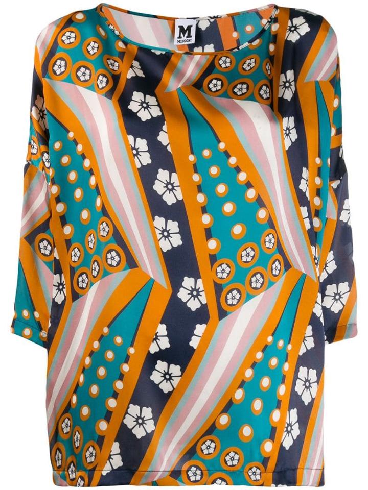 M Missoni Printed Cropped Sleeve Blouse - Blue