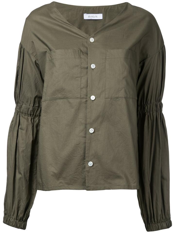 En Route - Gathered Sleeve V-neck Blouse - Women - Cotton - 2, Green, Cotton