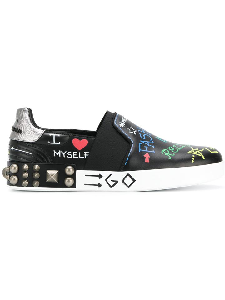 Dolce & Gabbana Portofino Slip-on Sneakers With Mural Print - Black