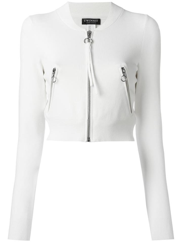 Twin-set Cropped Zipped Cardigan, Women's, Size: Small, White, Viscose/polyamide
