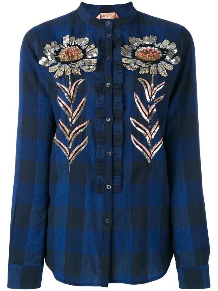 No21 Sequin-embellished Plaid Shirt, Women's, Size: 44, Blue, Cotton/linen/flax
