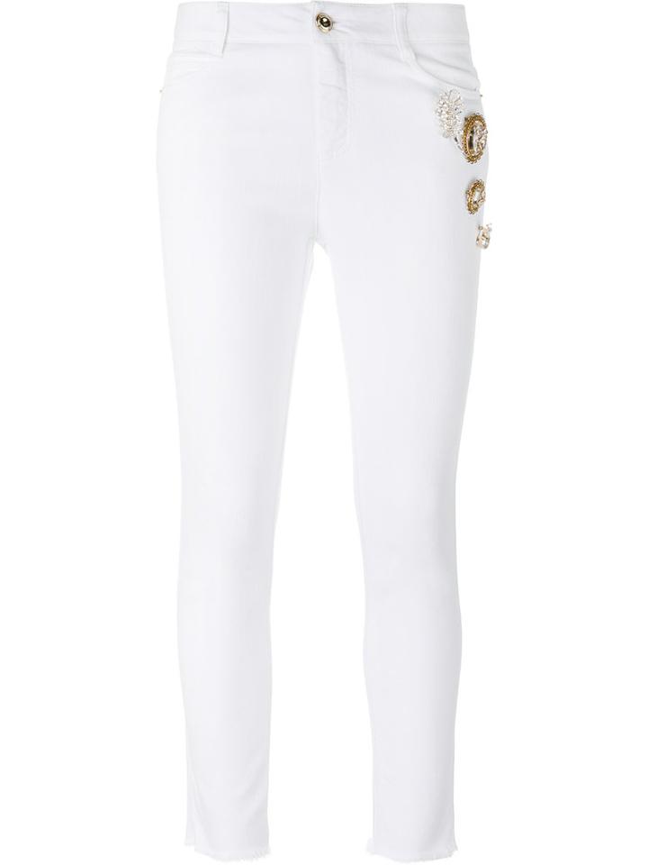 Ermanno Scervino Embellished Cropped Skinny Jeans, Women's, Size: 42, White, Cotton/spandex/elastane