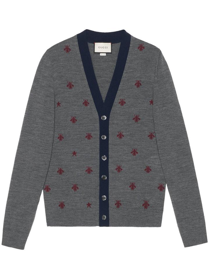 Gucci Wool Cardigan With Bees And Stars - Grey